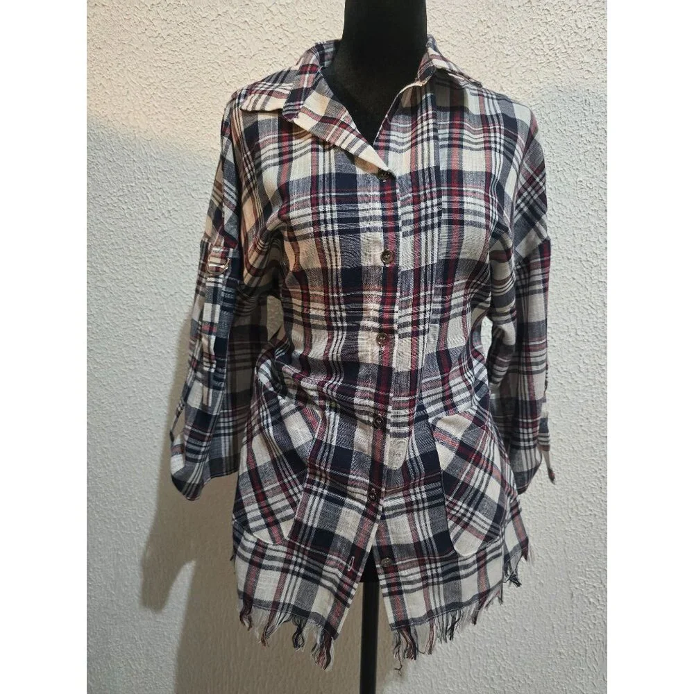 Vintage Mittoshop Plaid Fringe-Trimmed Lightweight Shirt Jacket western size - S